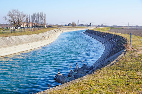 76599817 - irrigation canal between agricultural crops